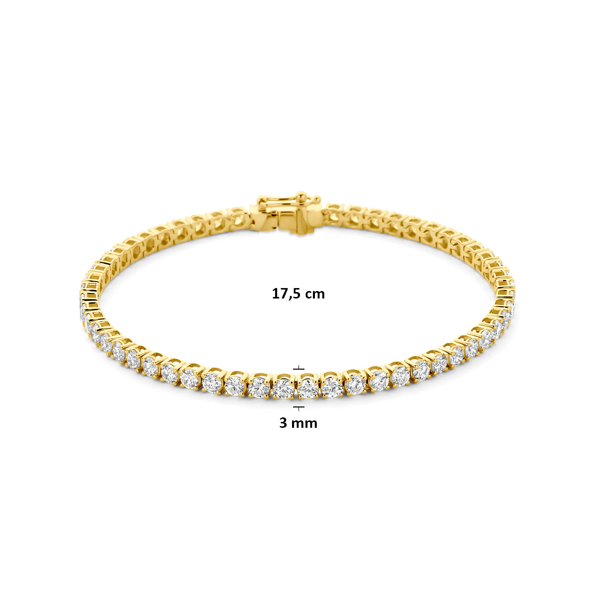 Afmetingen van de gouden tennisarmband met lab grown diamant van 14 karaat: 17,5 cm lang en 3 mm breed, 5,00 ct.