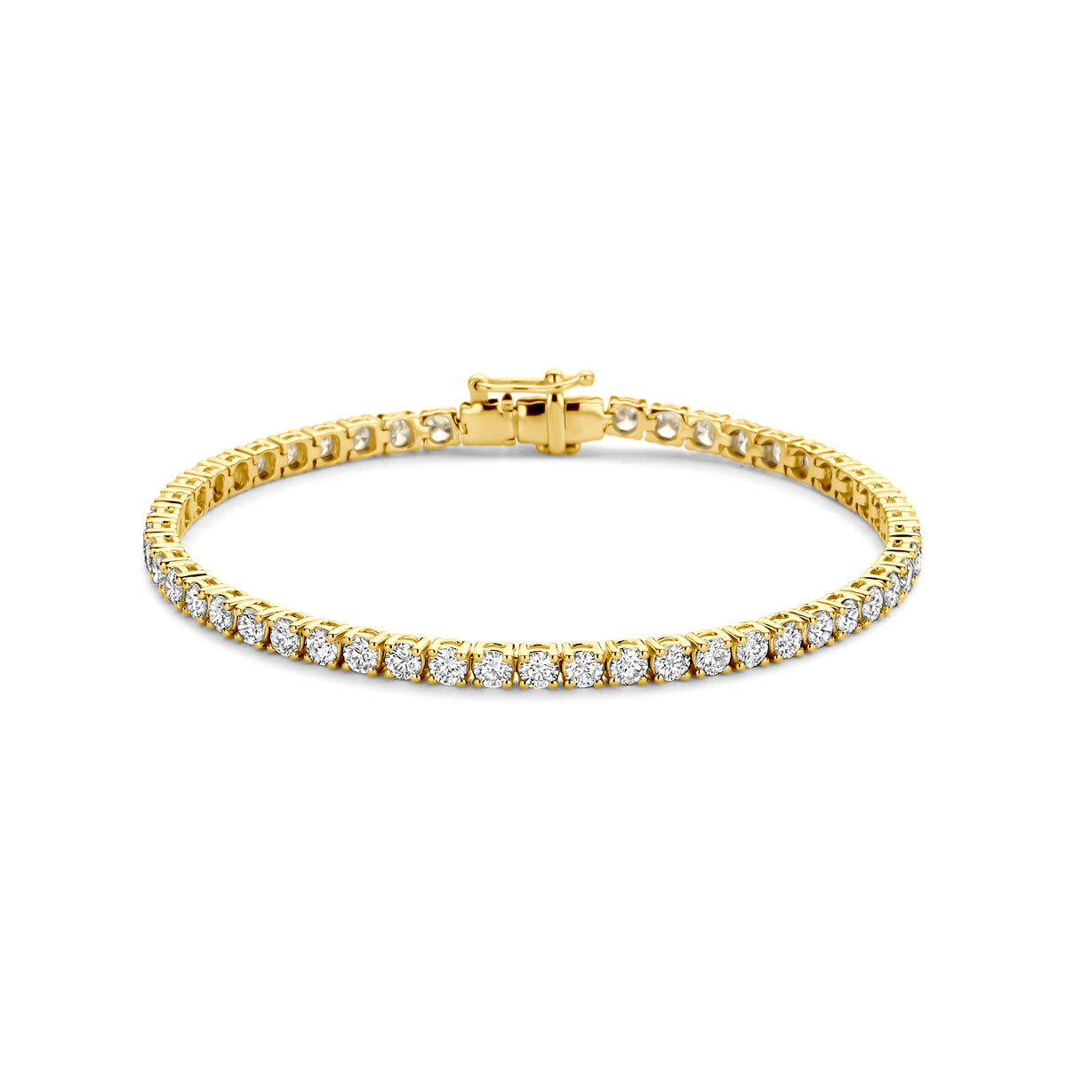 Vooraanzicht van de gouden tennisarmband met lab grown diamant van 14 karaat.