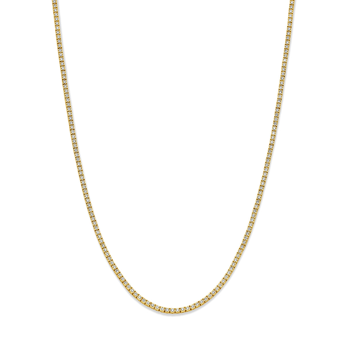 Vooraanzicht van de gouden tennisketting met diamant van 14 karaat.