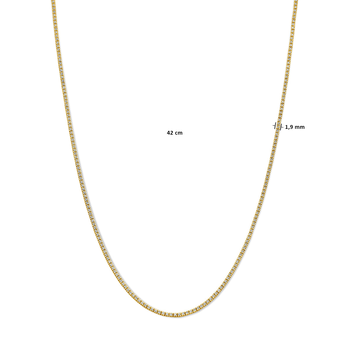 Afmetingen van de gouden tennisketting met lab grown diamant van 14 karaat: 42 cm lang en 1,9 mm breed, 2,00 ct.