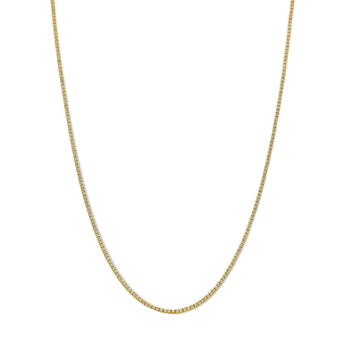 Vooraanzicht van de gouden tennisketting met lab grown diamant van 14 karaat.