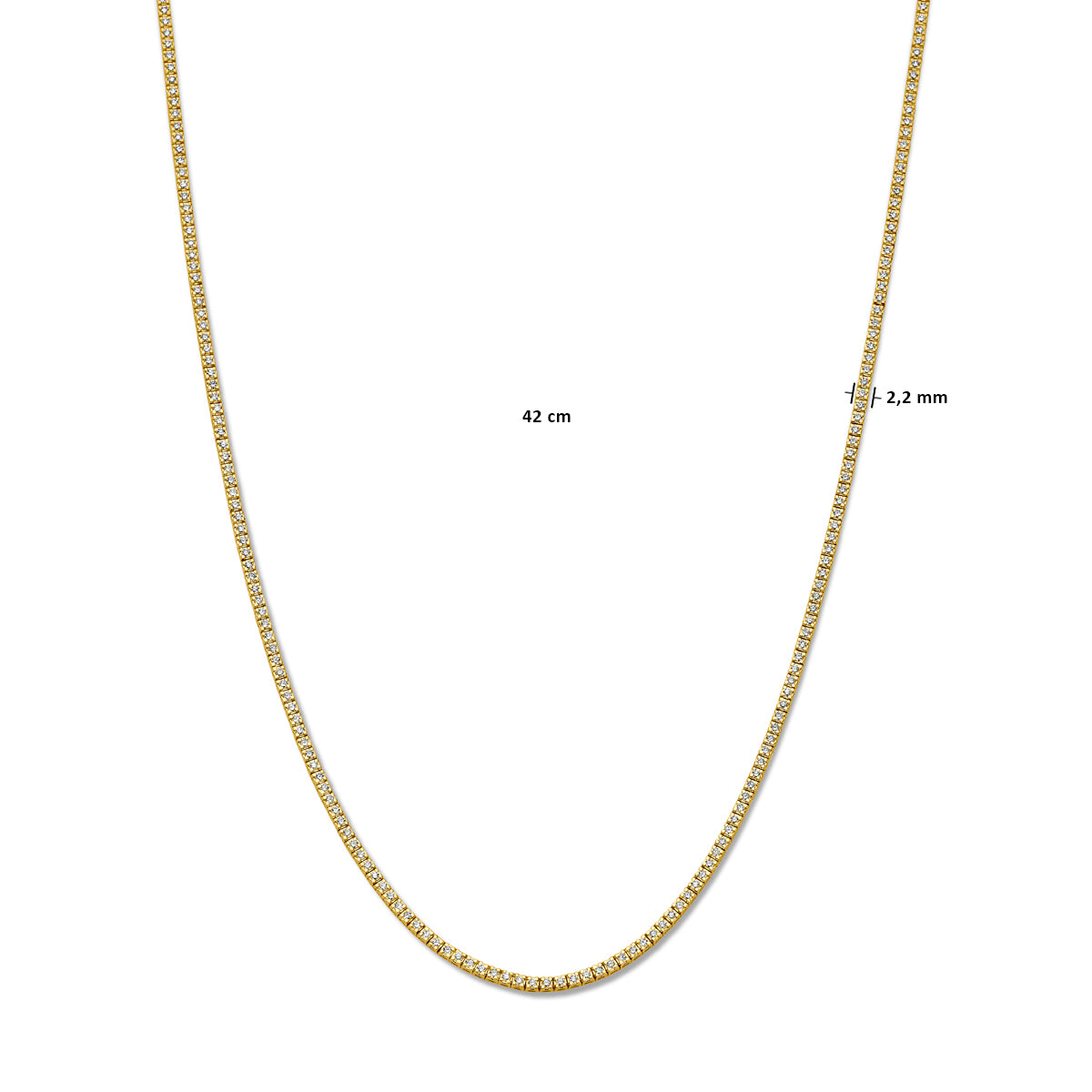 Afmetingen van de gouden tennisketting met lab grown diamant van 14 karaat: 42 cm lang en 2,2 mm breed, 3,00 ct.