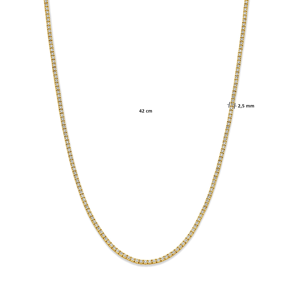 Afmetingen van de gouden tennisketting met lab grown diamant van 14 karaat: 42 cm lang en 2,5 mm breed, 5,00 ct.