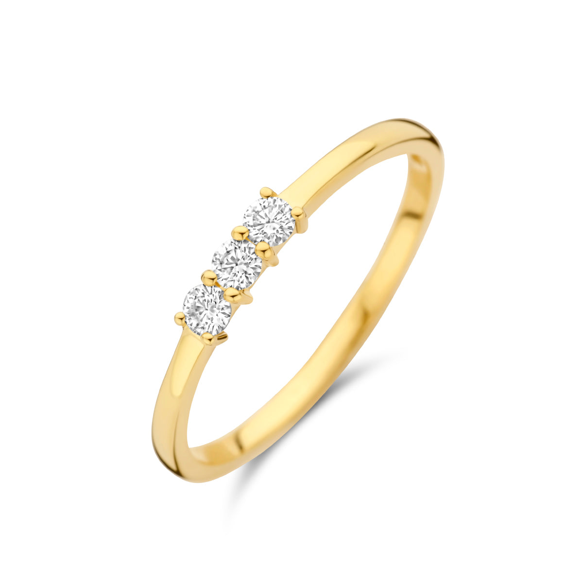 Schuin bovenaanzicht van de gouden trilogie ring met diamant van 14 karaat.