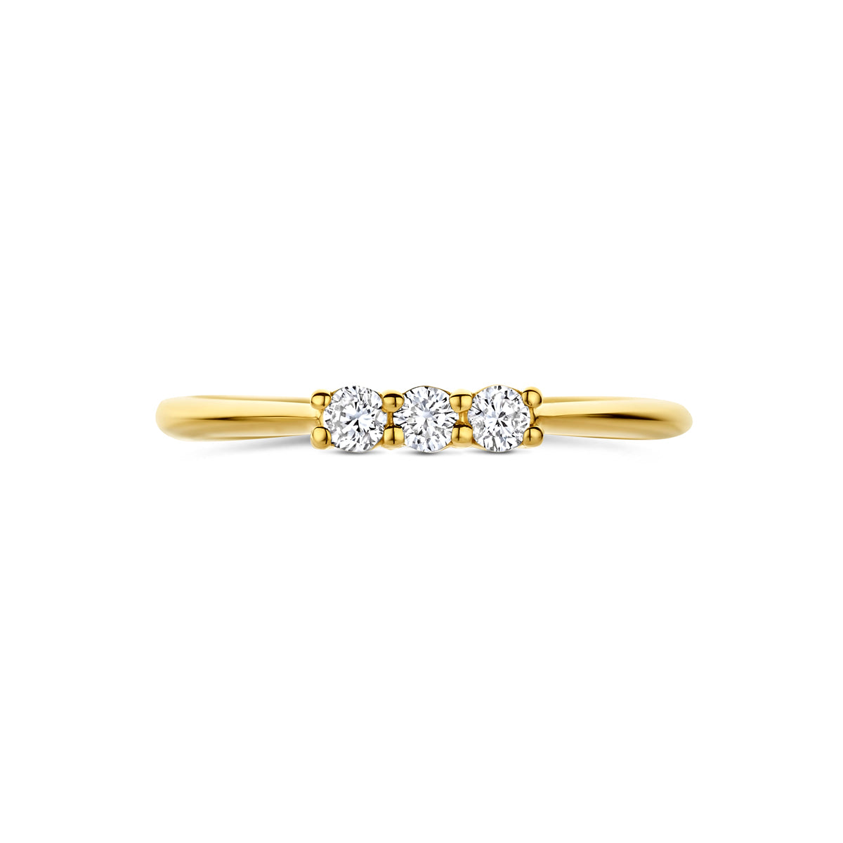 Bovenaanzicht van de gouden trilogie ring met lab grown diamant van 14 karaat, 0,15 ct.