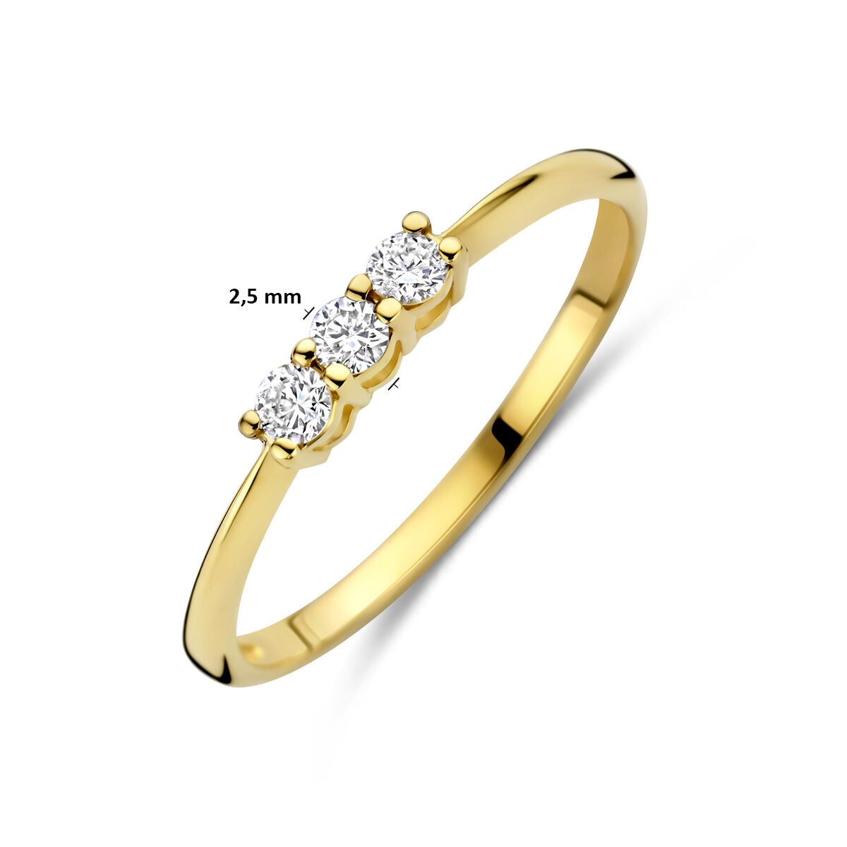 Afmetingen van de gouden trilogie ring met lab grown diamant van 14 karaat: 2,5 mm breed, 0,15 ct.