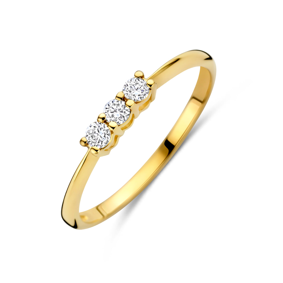 Schuin bovenaanzicht van de gouden trilogie ring met lab grown diamant van 14 karaat.