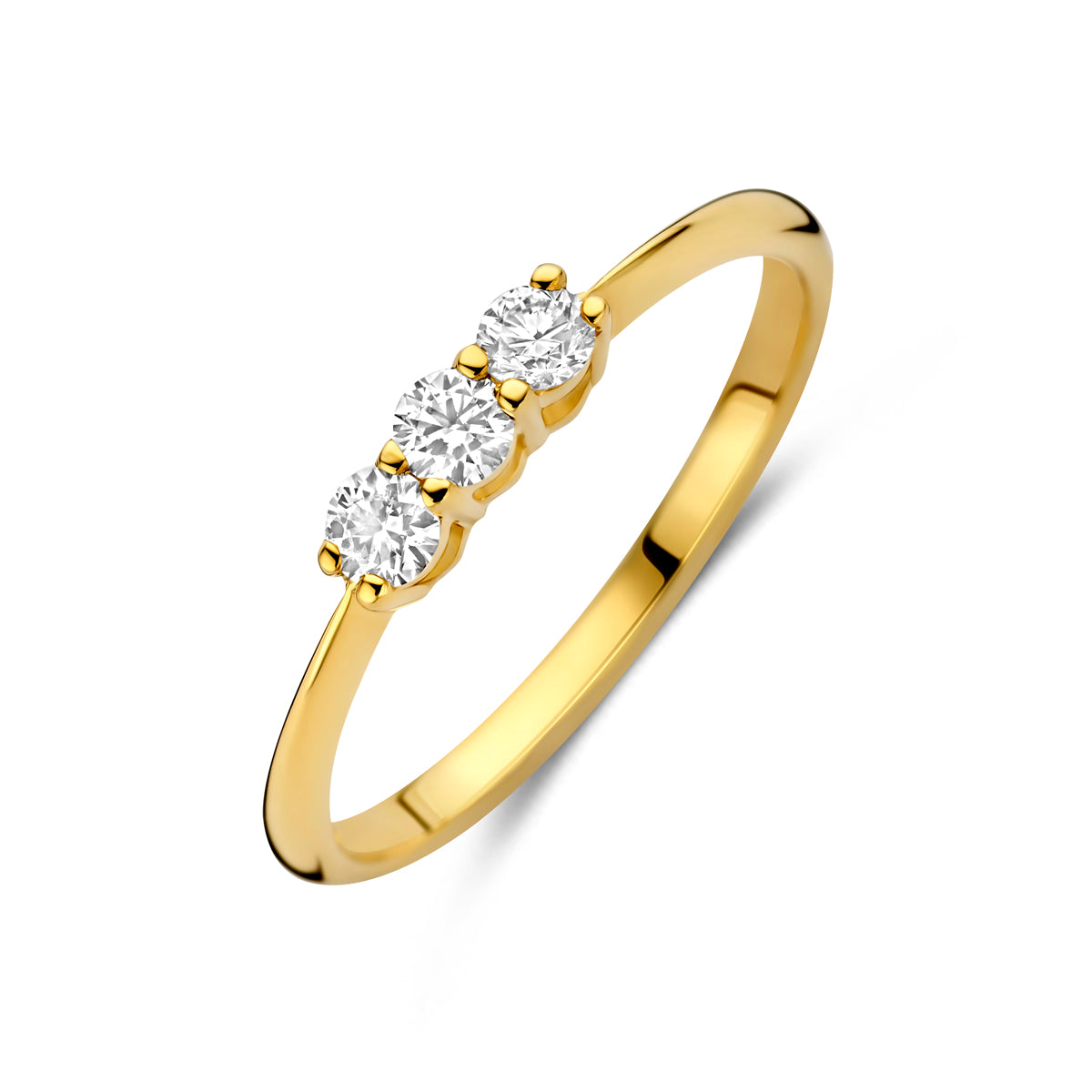 Schuin bovenaanzicht van de gouden trilogie ring met lab grown diamant van 14 karaat.