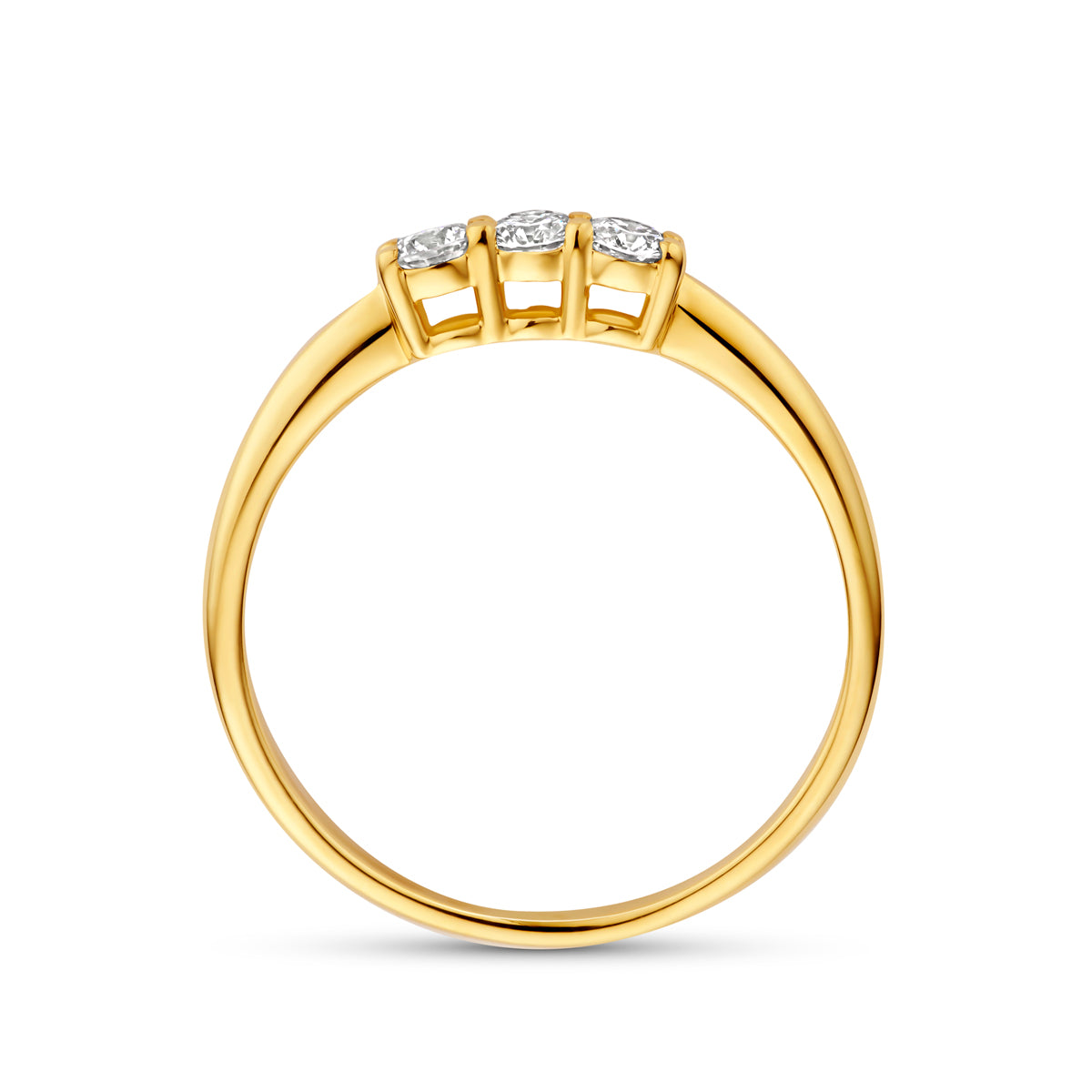 Zijaanzicht van de gouden trilogie ring met lab grown diamant van 14 karaat, 0,24 ct.