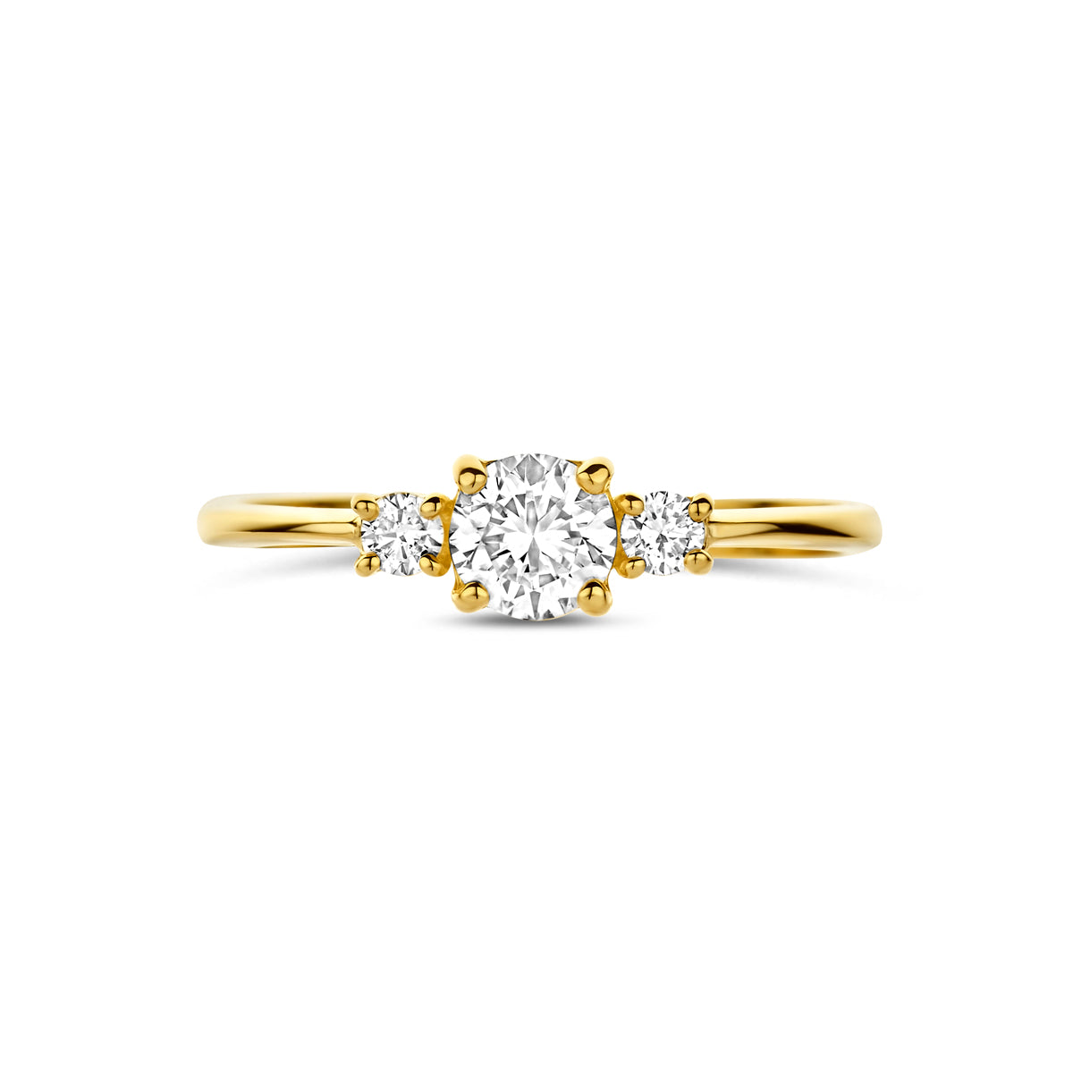 Bovenaanzicht van de gouden trilogie ring met lab grown diamant van 14 karaat, 0,50 ct.