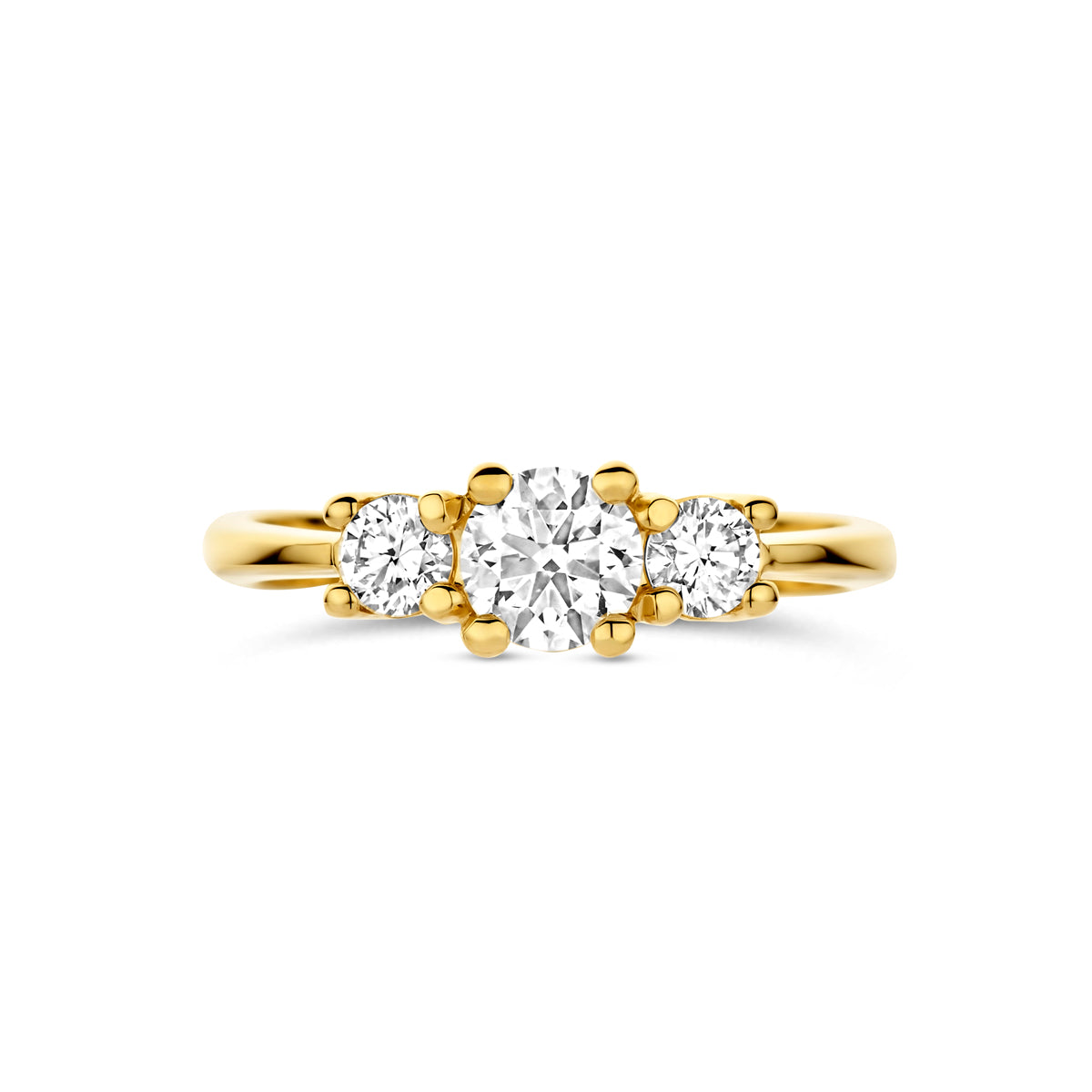 Bovenaanzicht van de gouden trilogie ring met lab grown diamant van 14 karaat, 0,85 ct.