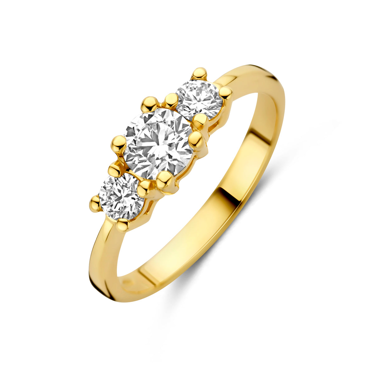 Schuin bovenaanzicht van de gouden trilogie ring met lab grown diamant van 14 karaat.
