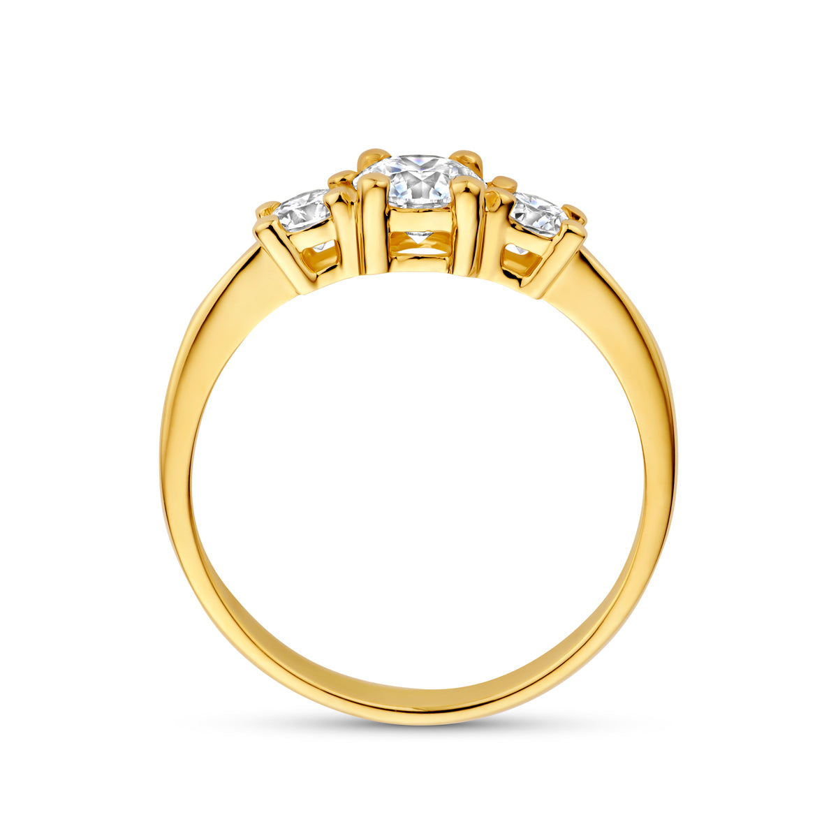 Zijaanzicht van de gouden trilogie ring met lab grown diamant van 14 karaat, 0,85 ct.