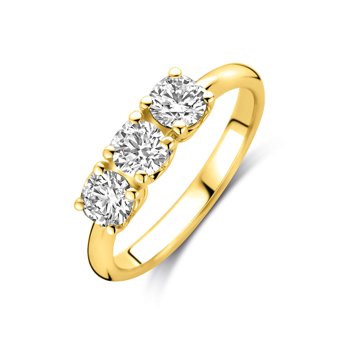 Schuin bovenaanzicht van de gouden trilogie ring met lab grown diamant van 14 karaat.