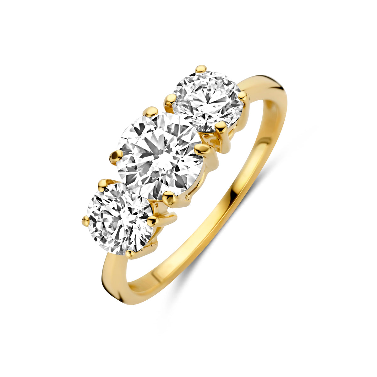 Schuin bovenaanzicht van de gouden trilogie ring met lab grown diamant van 14 karaat.