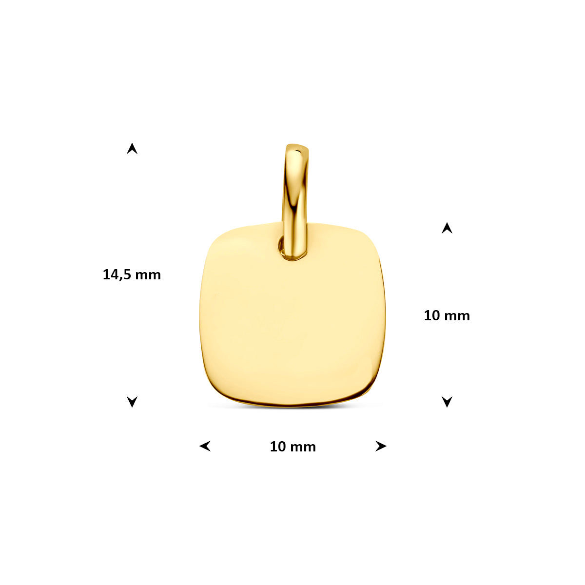 Afmetingen van de gouden vierkante graveerhanger van 14 karaat: 14,5 mm hoog inclusief oog, 10 mm zonder oog en 10 mm breed.