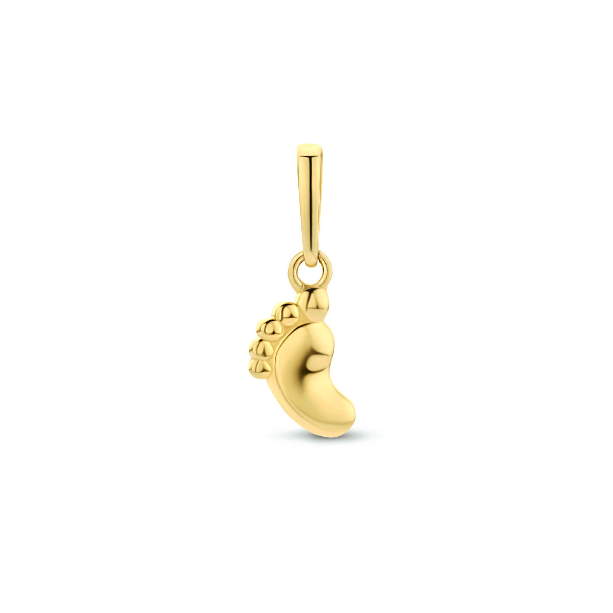 Vooraanzicht van de gouden voetje hanger van 14 karaat.