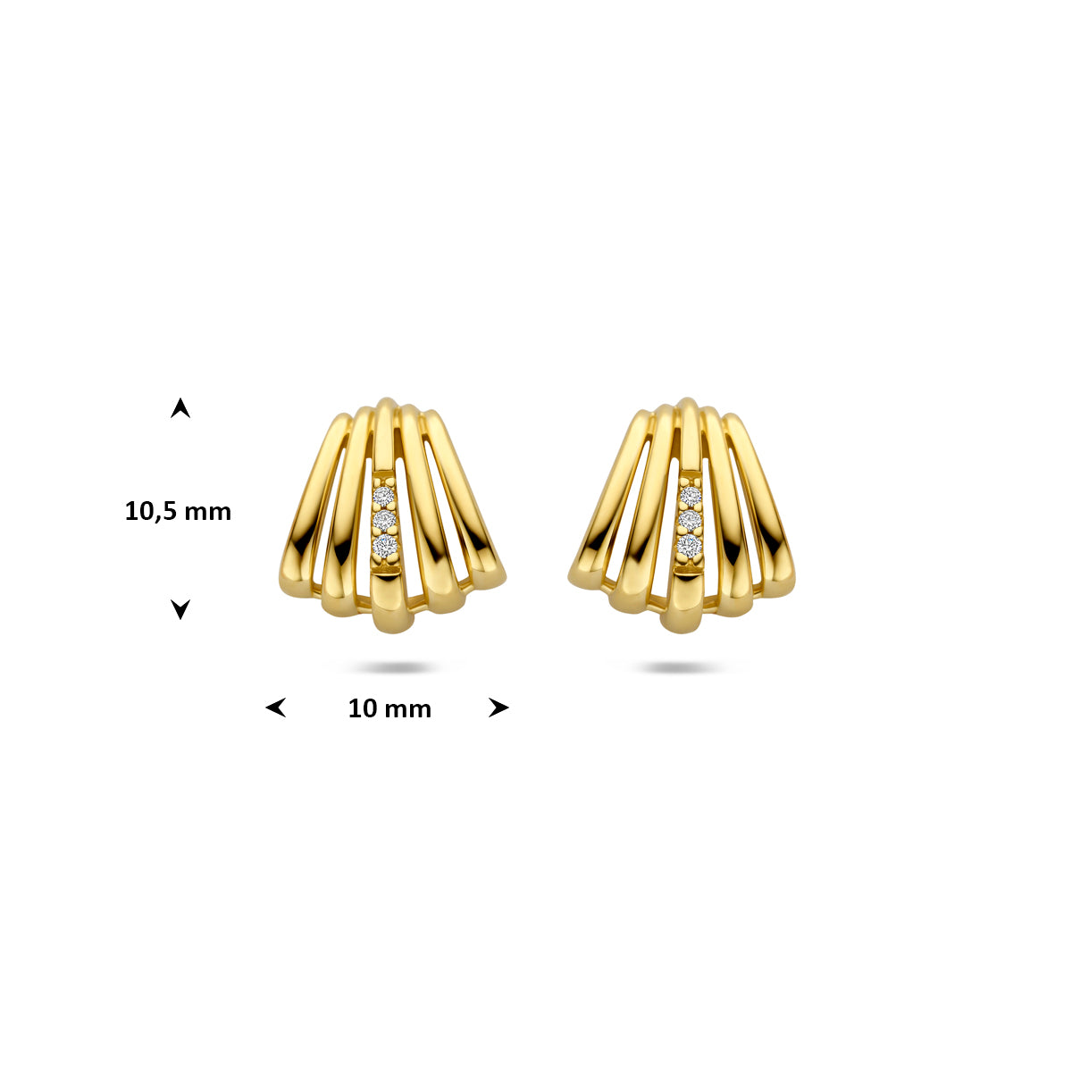 Afmetingen van de gouden waaier oorstekers met diamant van 14 karaat: 10,5 mm hoog en 10 mm breed.