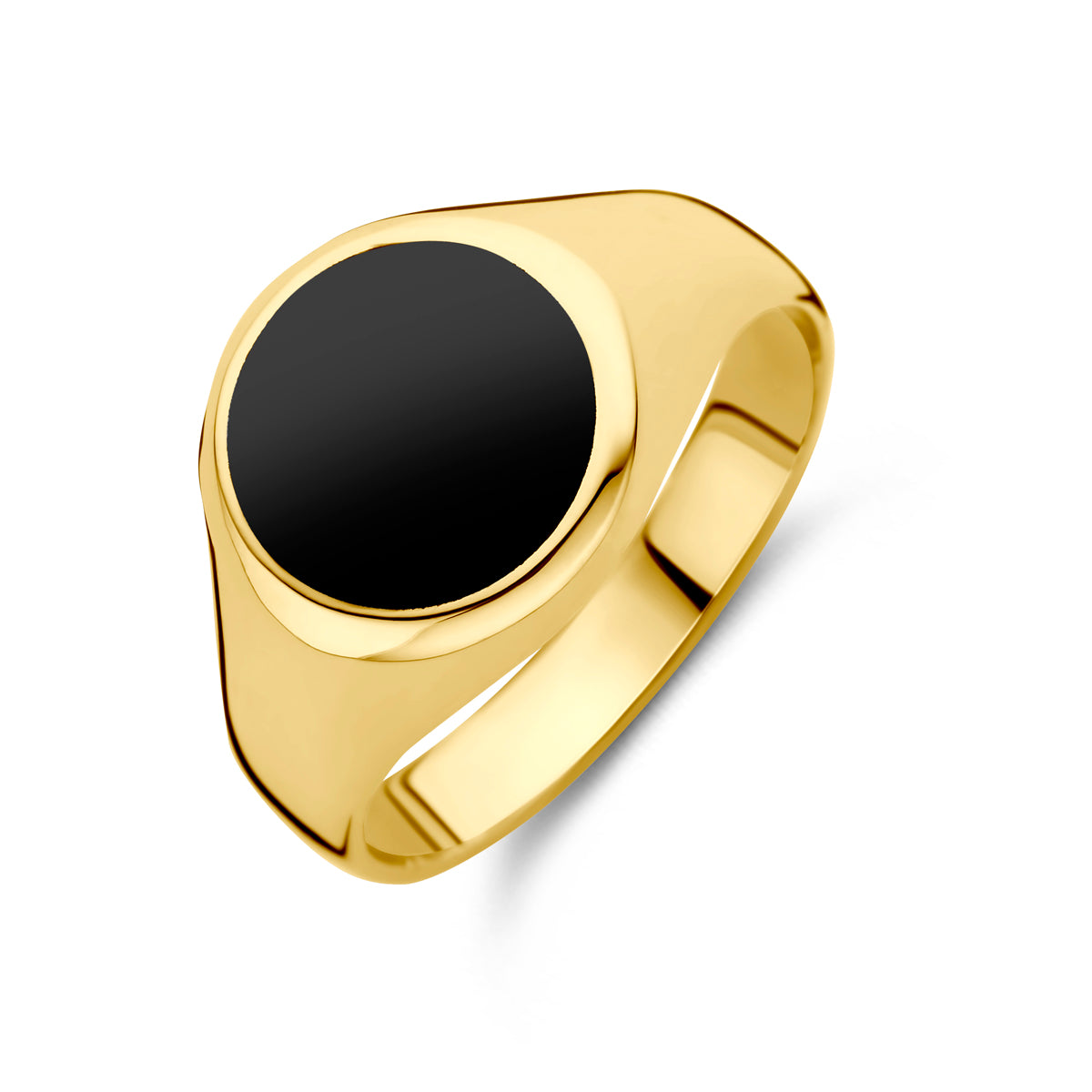 Schuin bovenaanzicht van de gouden zegelring met onyx van 14 karaat.
