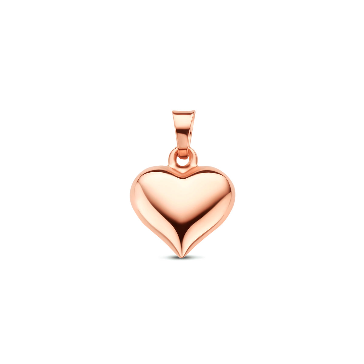 Vooraanzicht van de roségouden hartje hanger van 14 karaat.
