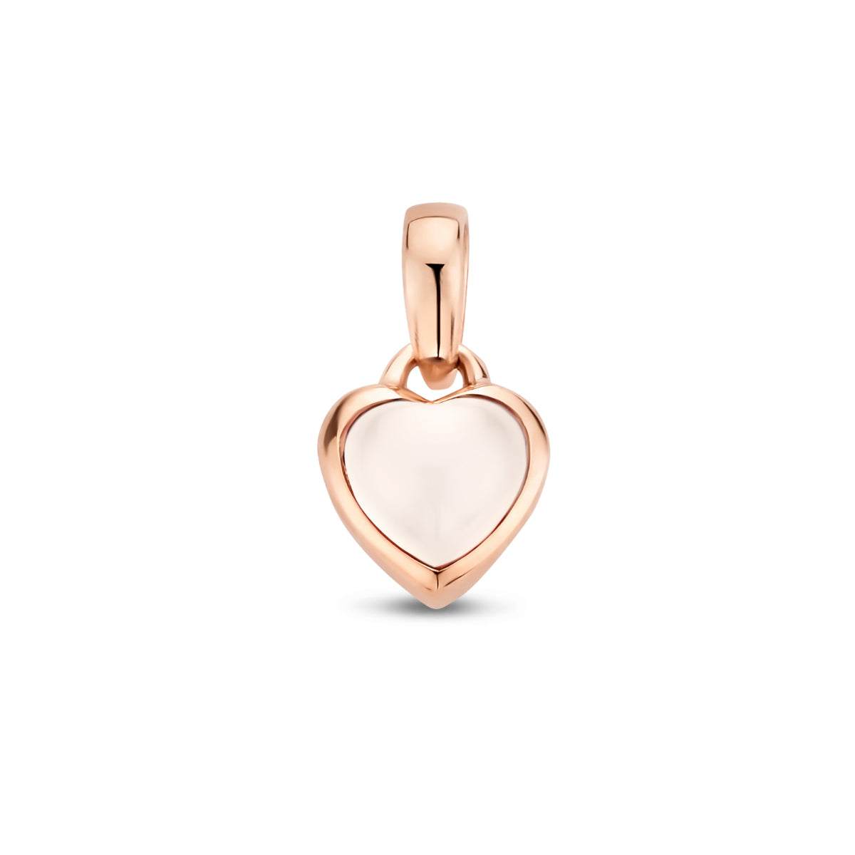 Vooraanzicht van de roségouden hartje hanger met witte maansteen van 14 karaat.