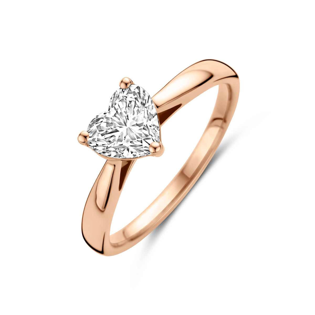 Schuin bovenaanzicht van de roségouden hartjes ring met lab grown diamant van 14 karaat.