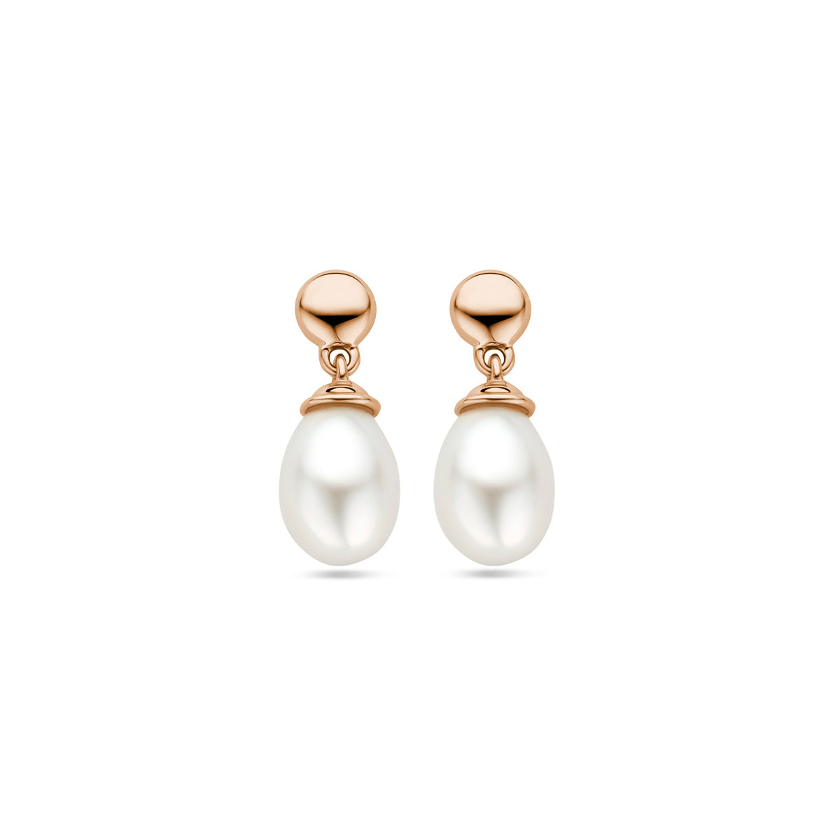 Vooraanzicht van de 14 karaat roségouden oorhangers druppelparel, 15 mm hoog en 6,5 mm breed.