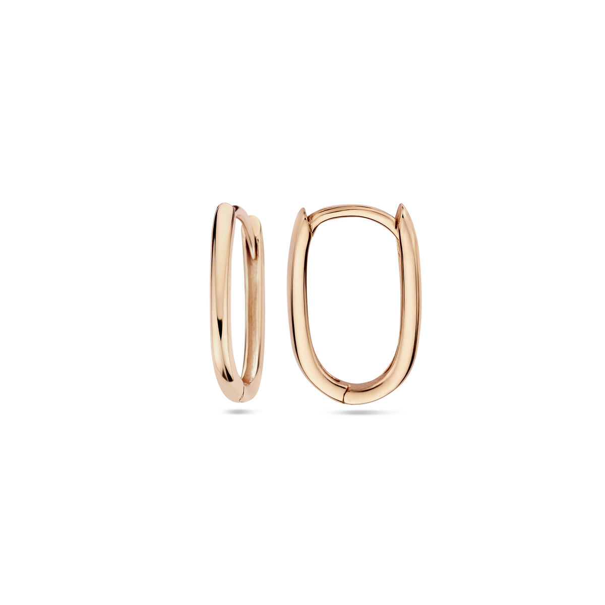 Voor- en zijaanzicht van de roségouden paperclip klapoorringen van 14 karaat.