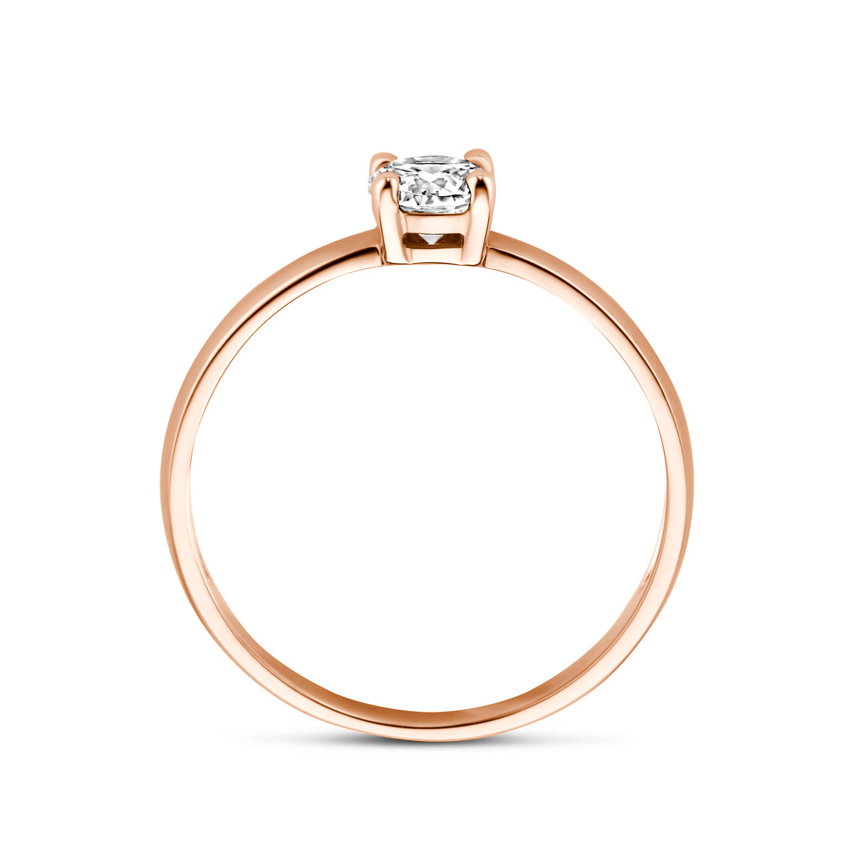 Zijaanzicht van de 14 karaat roségouden ring met zirkonia, zodat het profiel van de ring zichtbaar is.