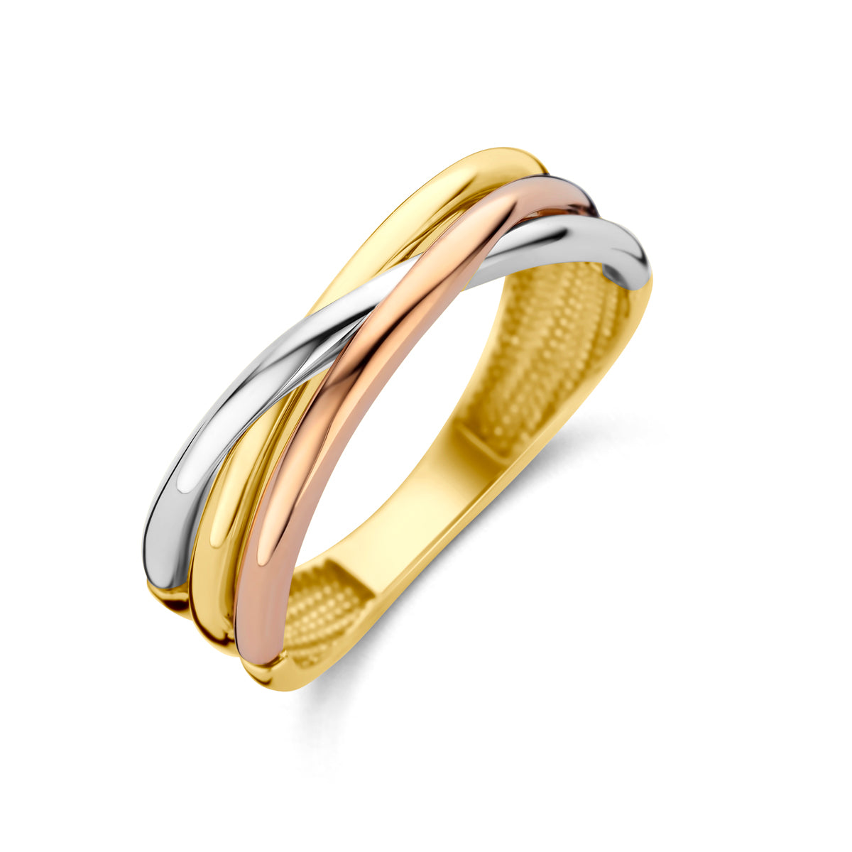 Schuin bovenaanzicht van de tricolor gouden ring van 14 karaat.