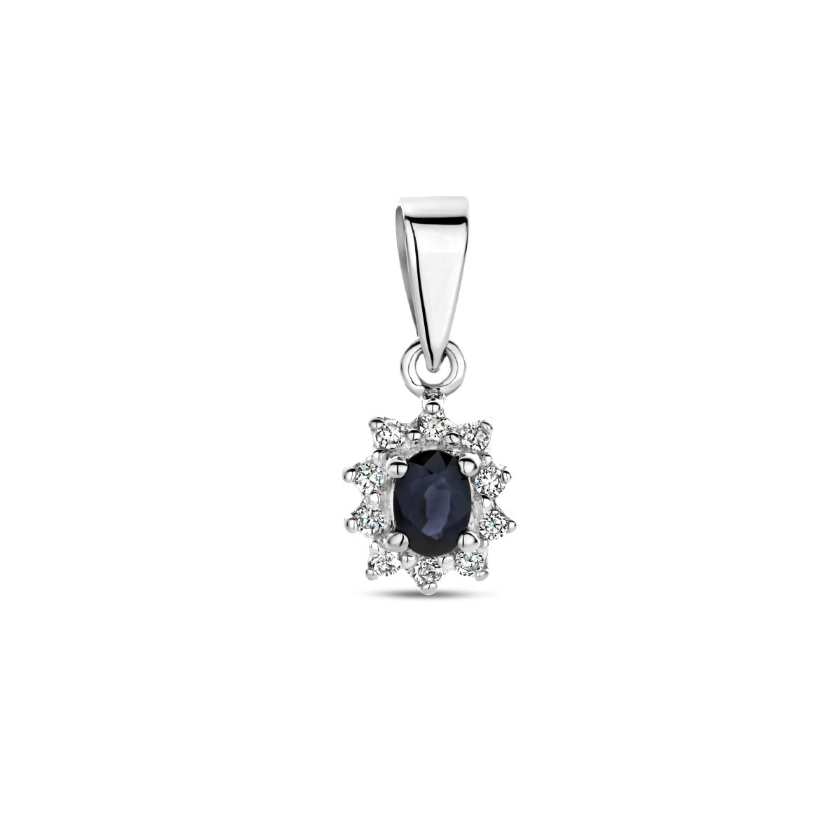 Vooraanzicht van de witgouden halo hanger met saffier en diamant van 14 karaat.