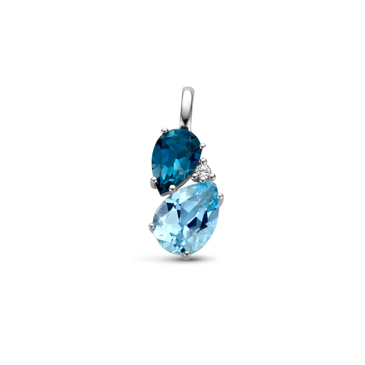 Vooraanzicht van de witgouden hanger met blauwe topaas en diamant van 14 karaat.