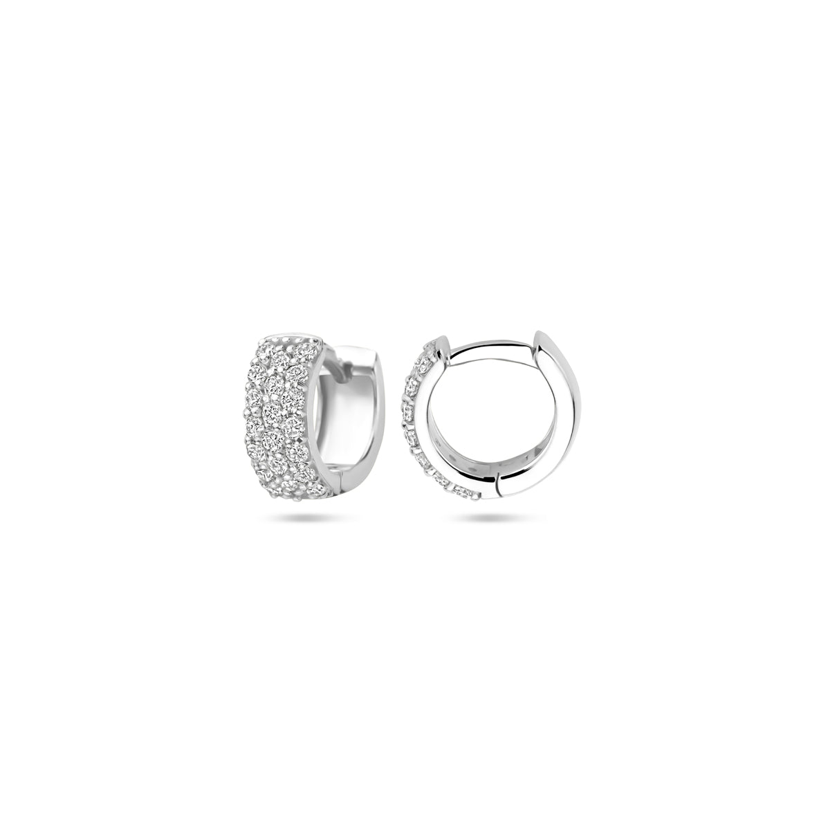 Voor- en zijaanzicht van de witgouden klapoorringen met diamant van 14 karaat.