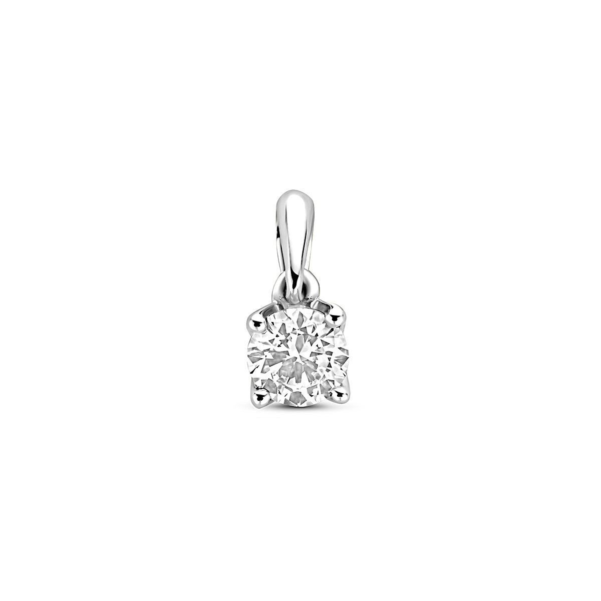 Vooraanzicht van de 14 karaat witgouden lab grown diamant hanger 0,25 ct, 9,5 mm hoog en 4 mm breed.