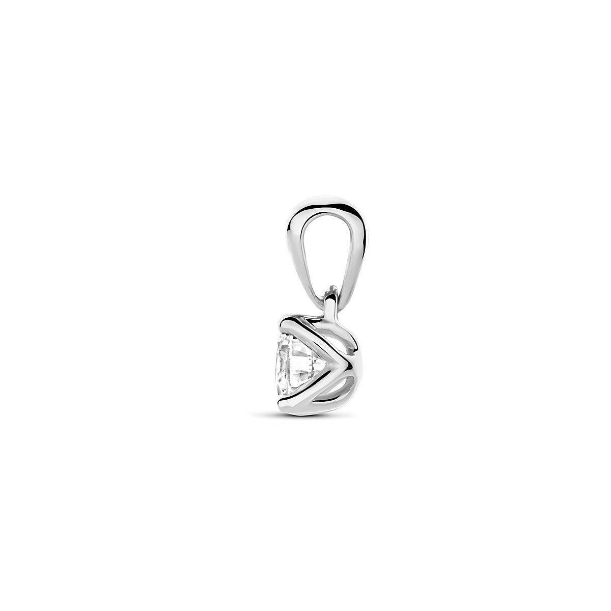 Zijaanzicht van de 14 karaat witgouden lab grown diamant hanger 0,25 ct, zodat de diepte van het sieraad zichtbaar is.