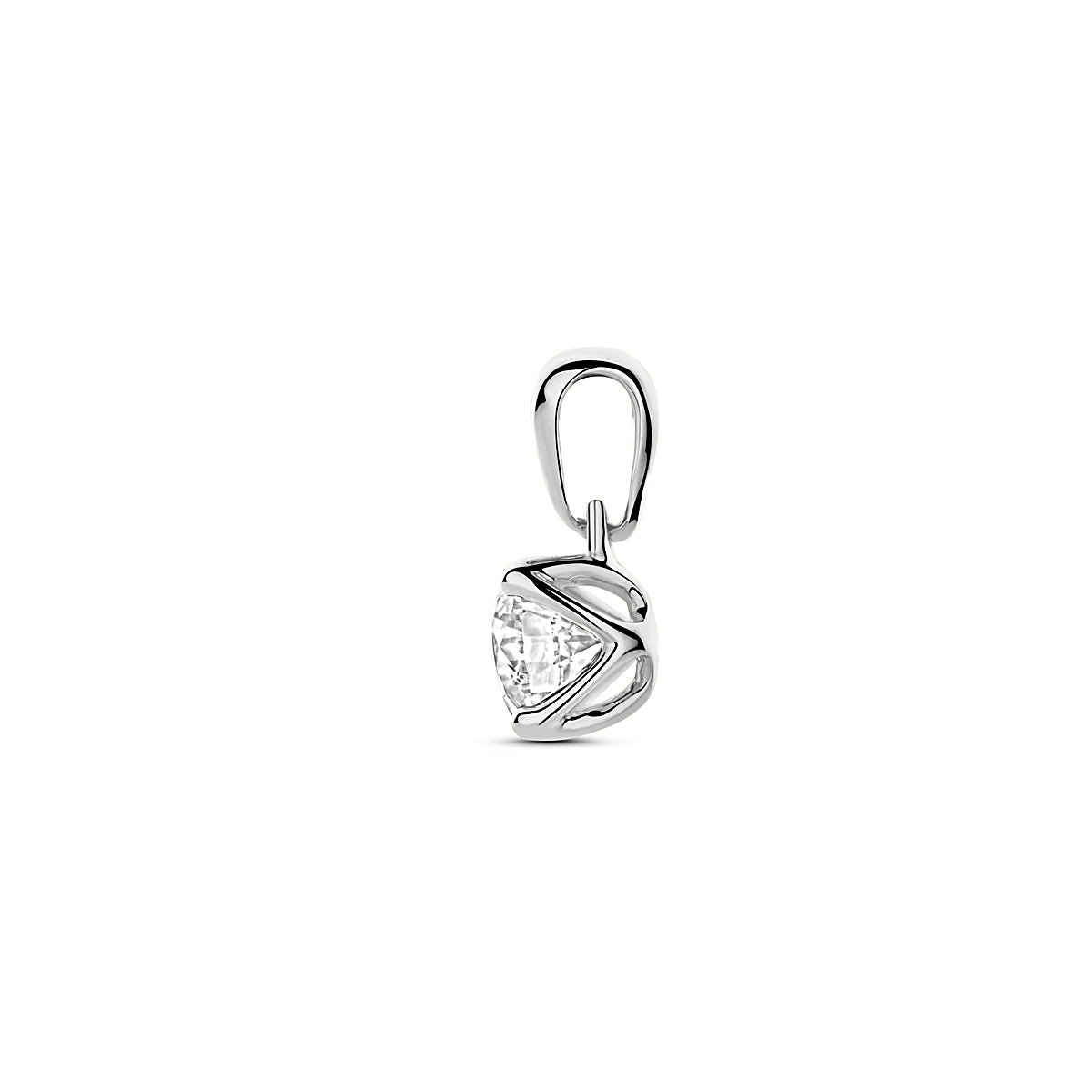 Zijaanzicht van de 14 karaat witgouden lab grown diamant hanger 0,50 ct, zodat de diepte van het sieraad zichtbaar is.
