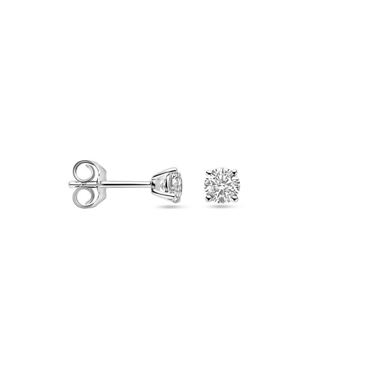 Voor- en zijaanzicht van de witgouden oorknopjes met lab grown diamant van 14 karaat.