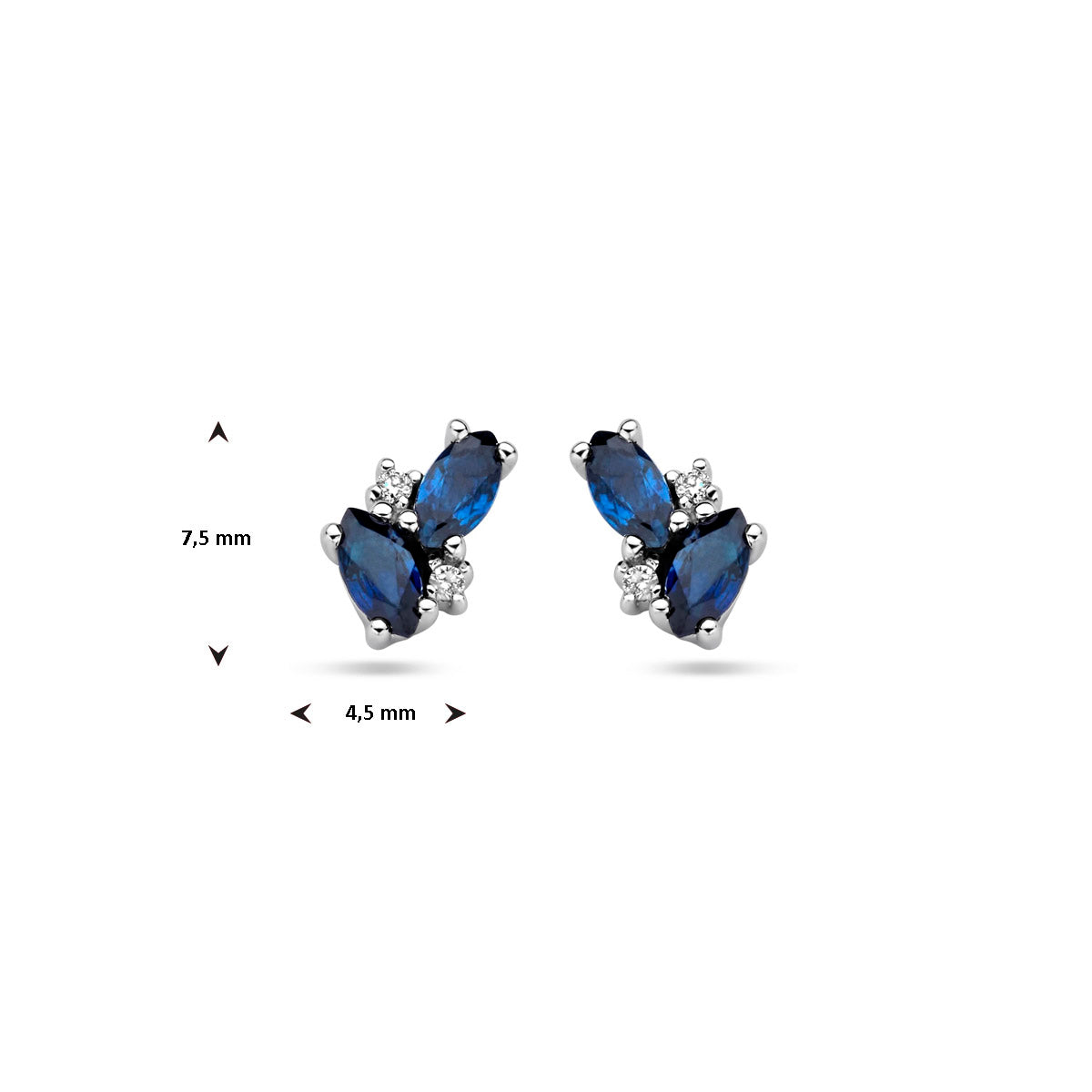 Afmetingen van de witgouden oorknopjes met saffier en diamant van 14 karaat: 7,5 mm hoog en 4,5 mm breed.