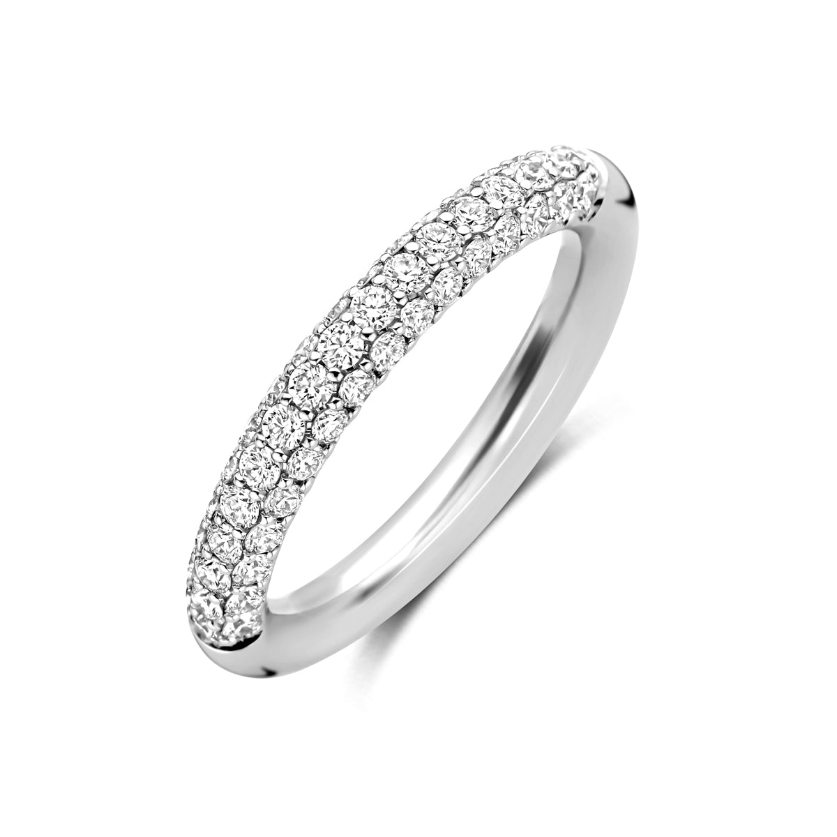 Schuin bovenaanzicht van de witgouden pavé ring met diamant van 14 karaat.