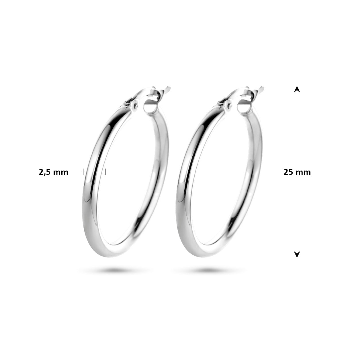 Technische afbeelding van de 14 karaat witgouden ronde buis oorringen met afmetingen, 25 mm in diameter en 2,5 mm dik.