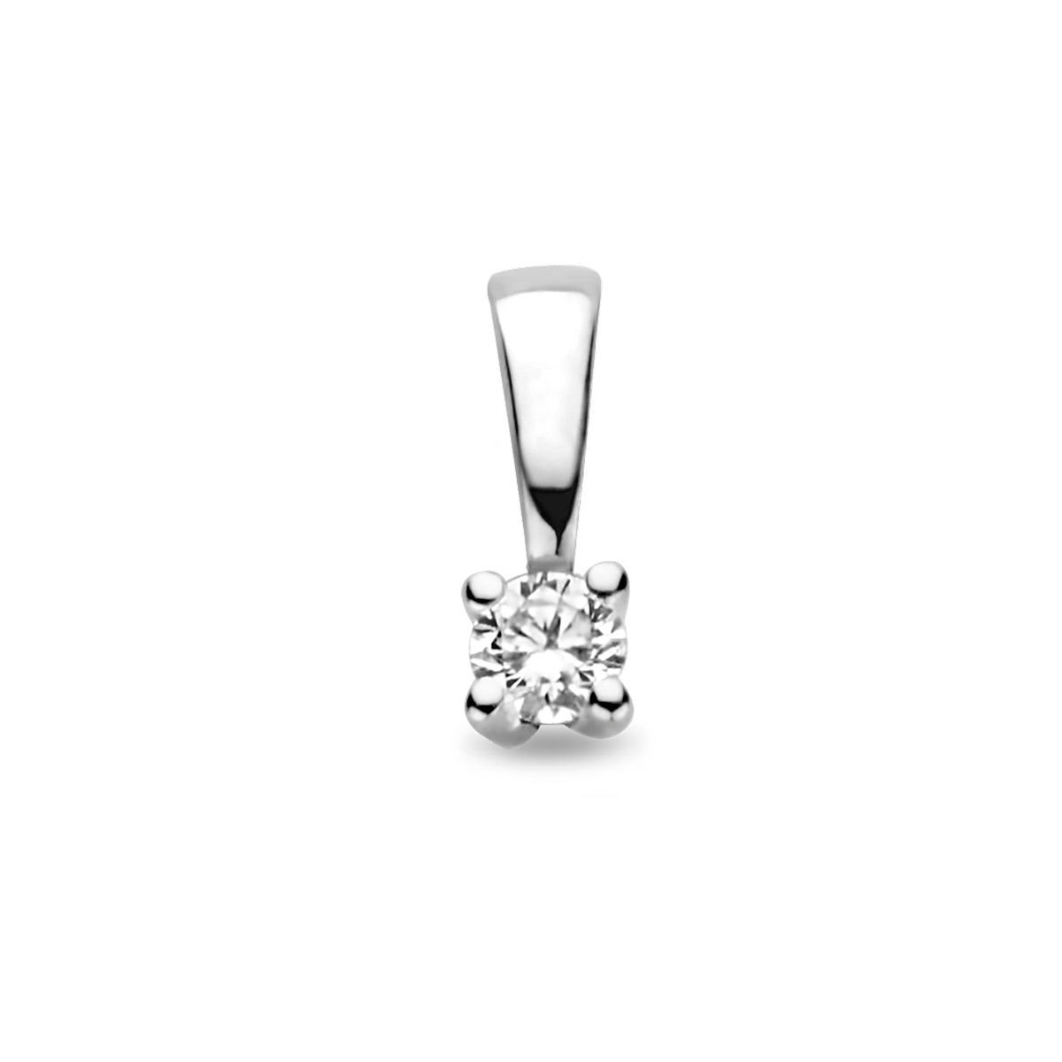 Vooraanzicht van de witgouden solitair hanger met diamant van 14 karaat van 2,5 mm.