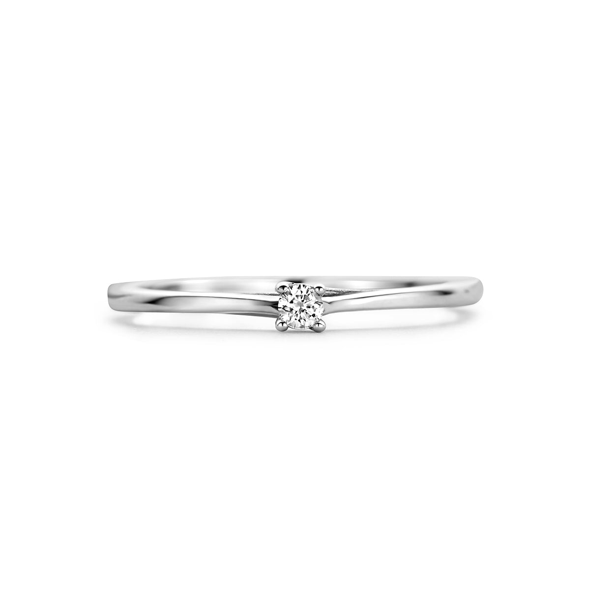 Bovenaanzicht van de witgouden solitair ring met diamant van 14 karaat, 0,05 ct.