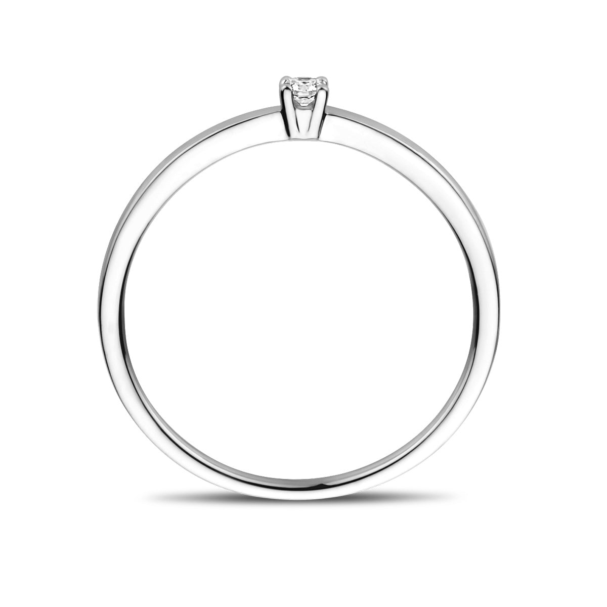 Zijaanzicht van de witgouden solitair ring met diamant van 14 karaat, 0,05 ct.