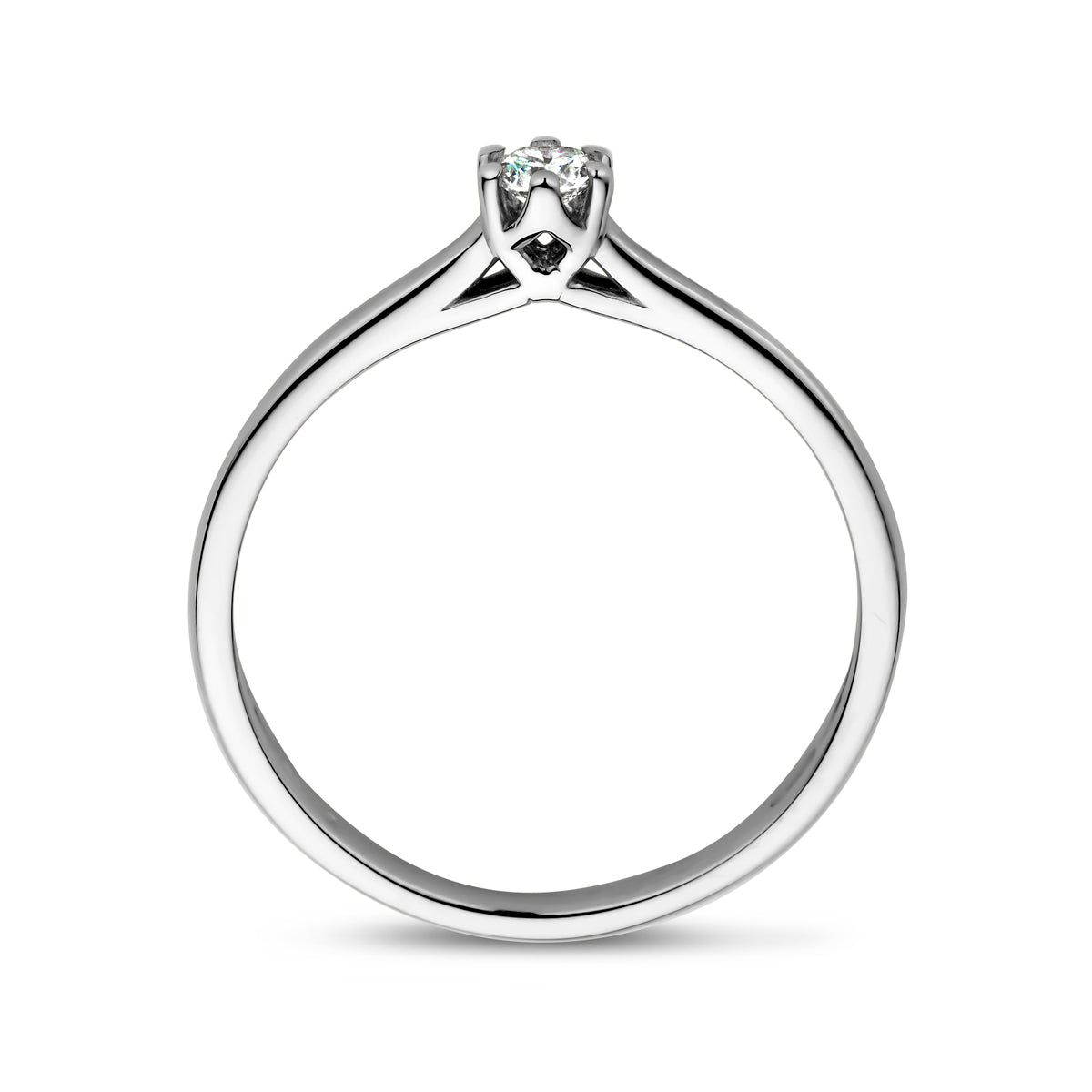 Zijaanzicht van de witgouden solitair ring met diamant van 14 karaat.