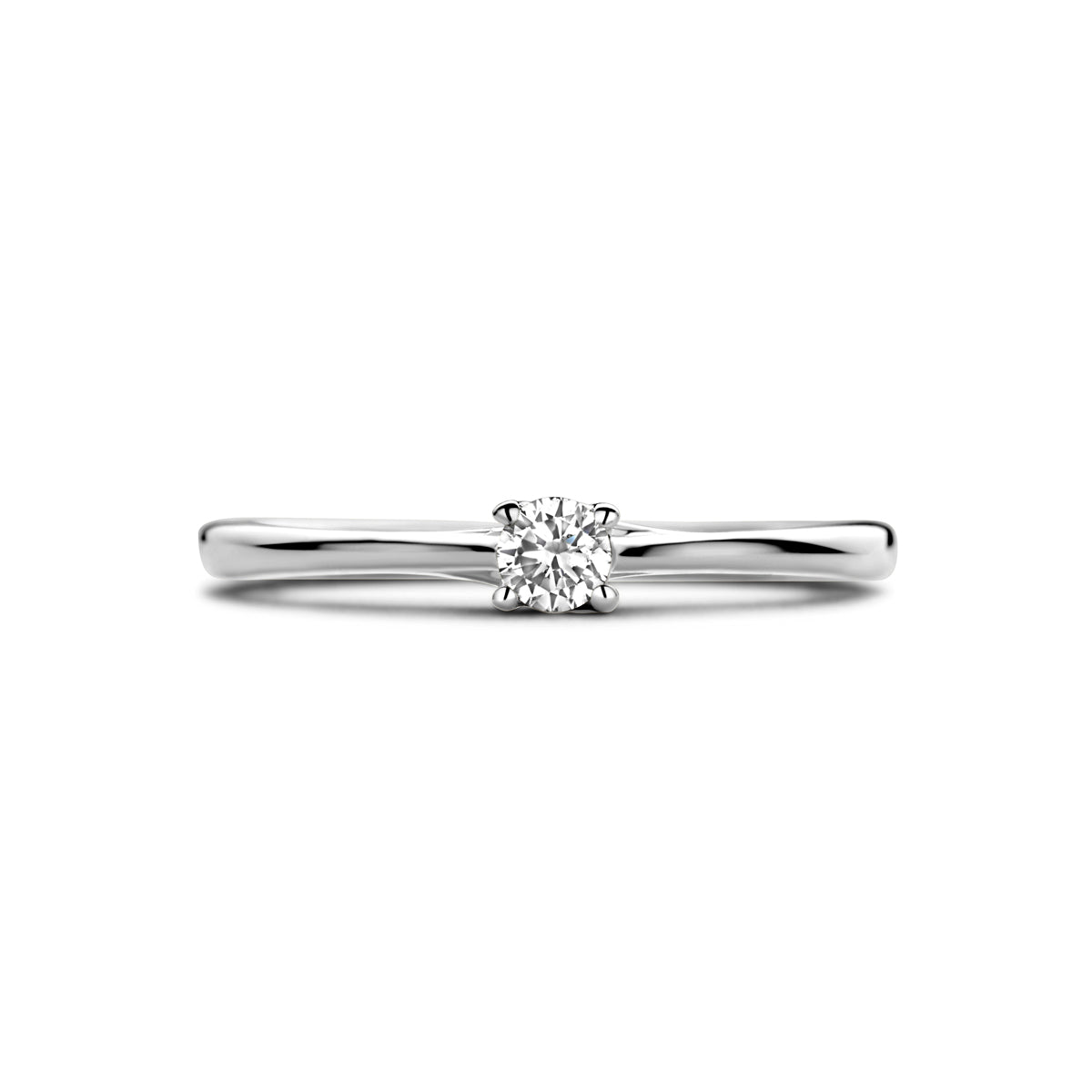 Bovenaanzicht van de witgouden solitair ring met diamant van 14 karaat, 0,10 ct.
