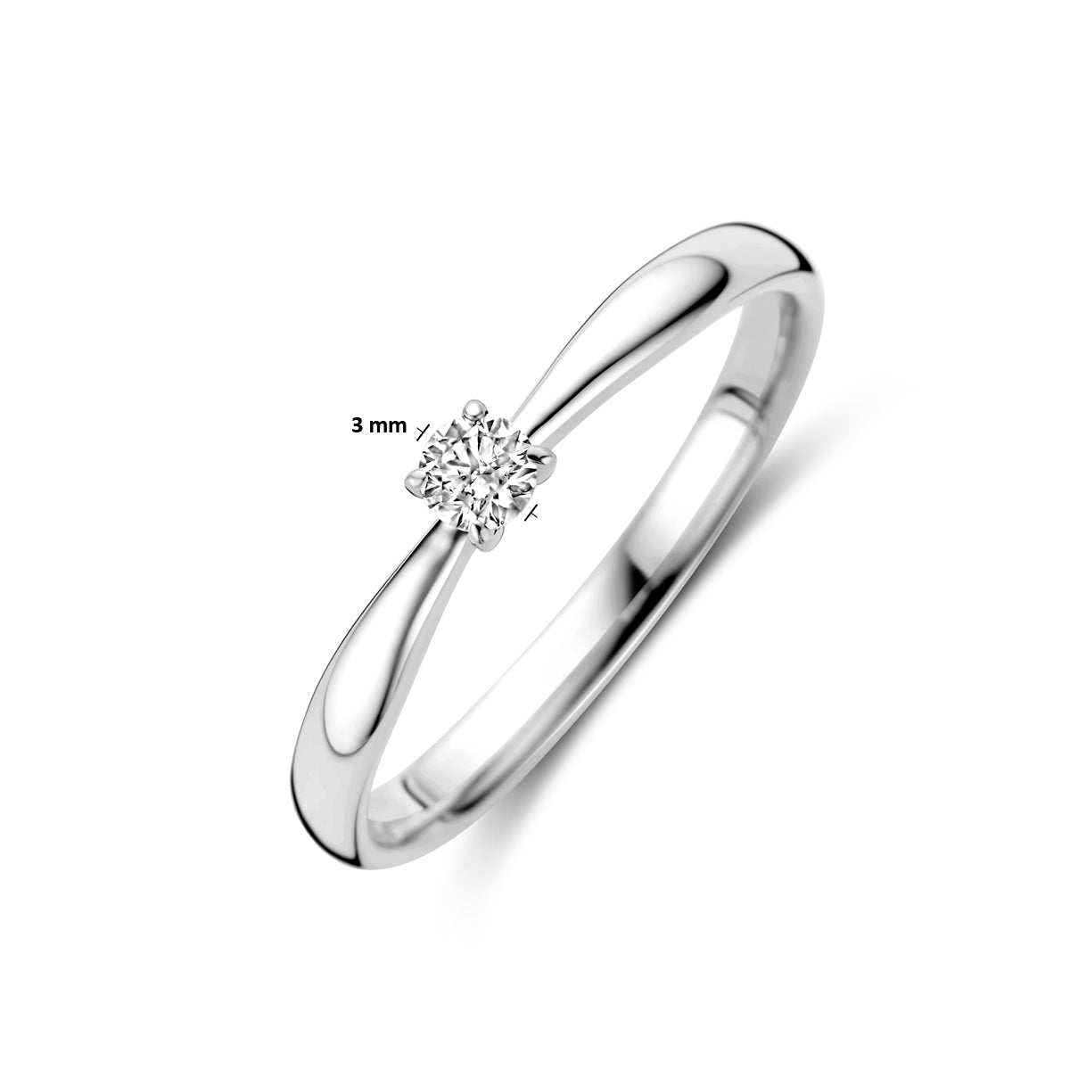 Afmetingen van de witgouden solitair ring met diamant van 14 karaat: diamant van 3 mm.