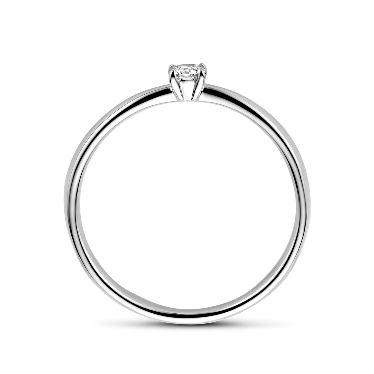 Zijaanzicht van de witgouden solitair ring met diamant van 14 karaat.