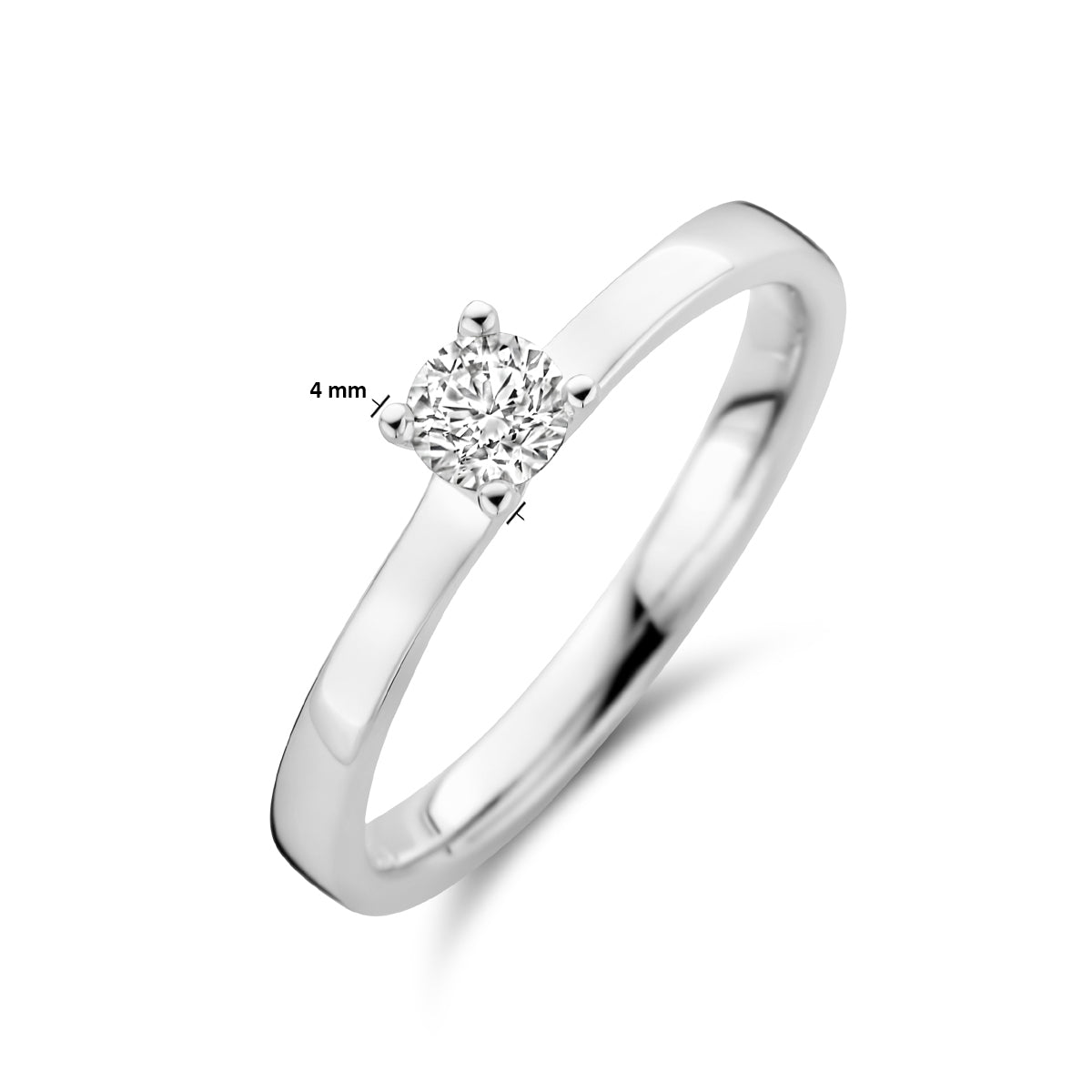 Afmetingen van de witgouden solitair ring met diamant van 14 karaat: 4 mm breed, 0,25 ct.
