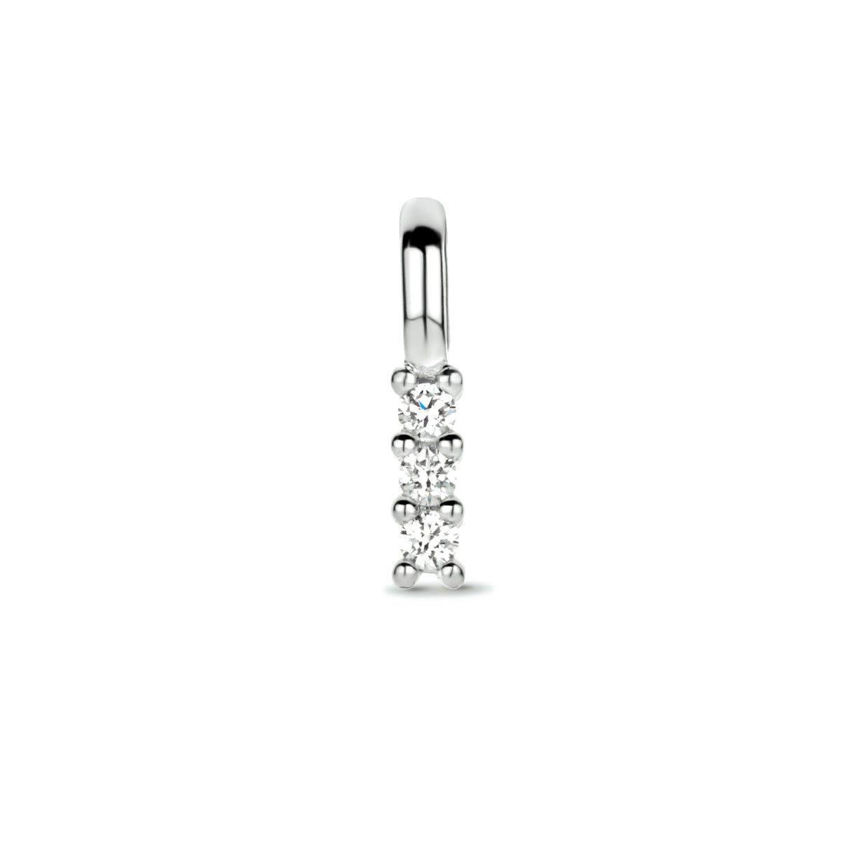 Vooraanzicht van de witgouden staafje hanger met diamant van 14 karaat.