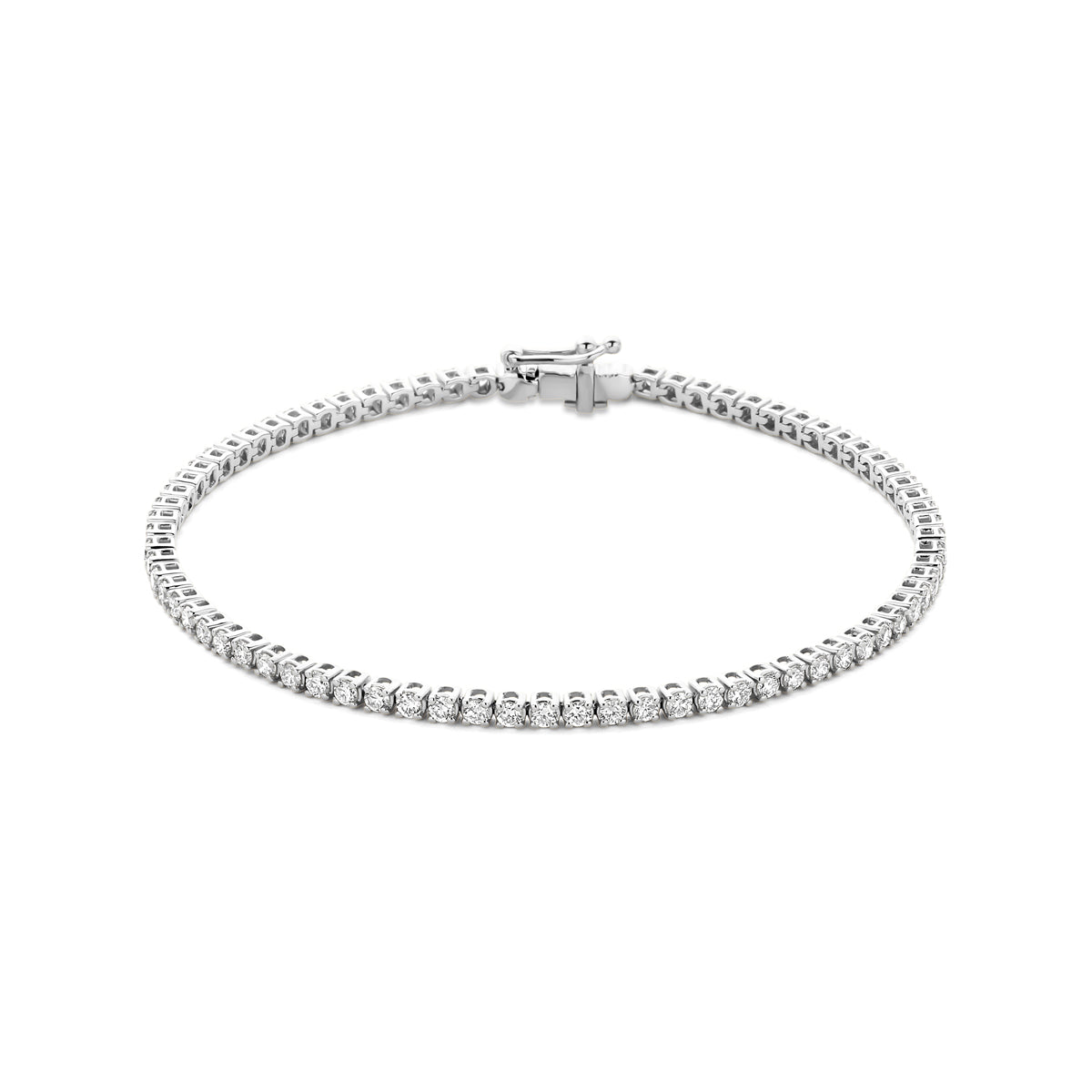 Vooraanzicht van de witgouden tennisarmband met lab grown diamant van 14 karaat.